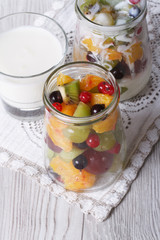 fresh fruit with yogurt in a glass jar vertical top view