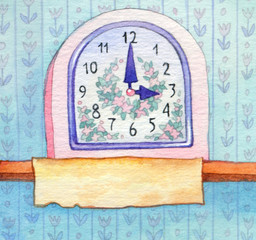 Series of watercolors. Wall clock with banner for text