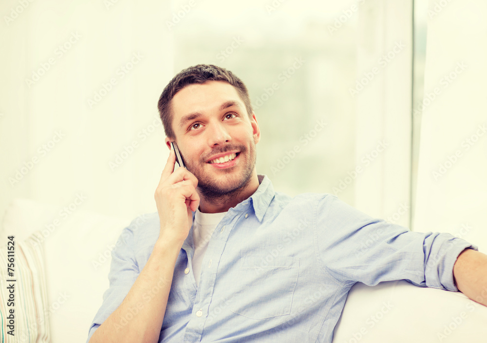 Sticker smiling man with smartphone at home