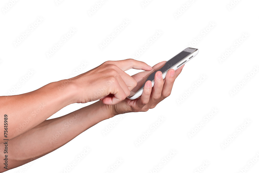 Poster man using mobile smart phone isolated on white background