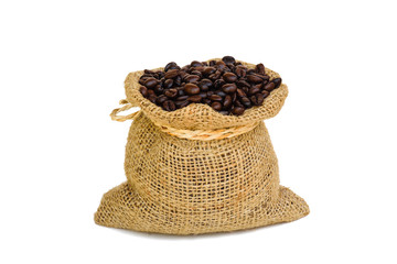 coffee bean in sack bag on white background