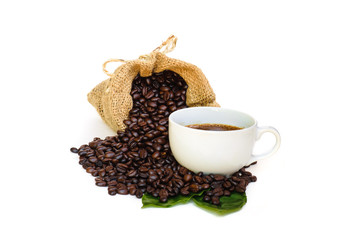 coffee bean in sack bag and hot coffee on white background