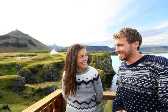 Tourist couple on romantic travel on Iceland