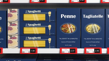 Various 3D pasta boxes on supermarket shelve