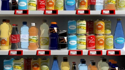 Various 3D beverages products on supermarket shelve