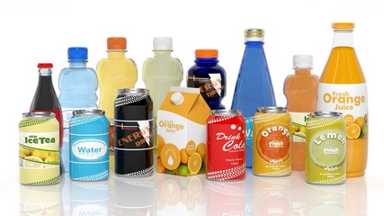 Various 3D beverages products isolated on white