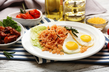 Tasty rice served on table, close-up