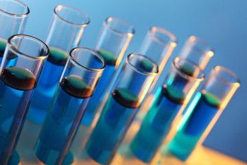 Test-tubes filled with blue and red fluid
