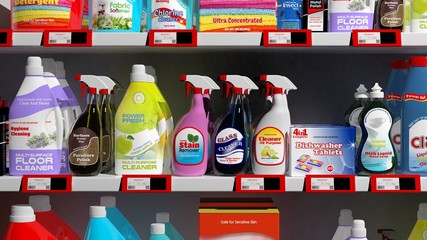 Various 3D household products on supermarket shelve