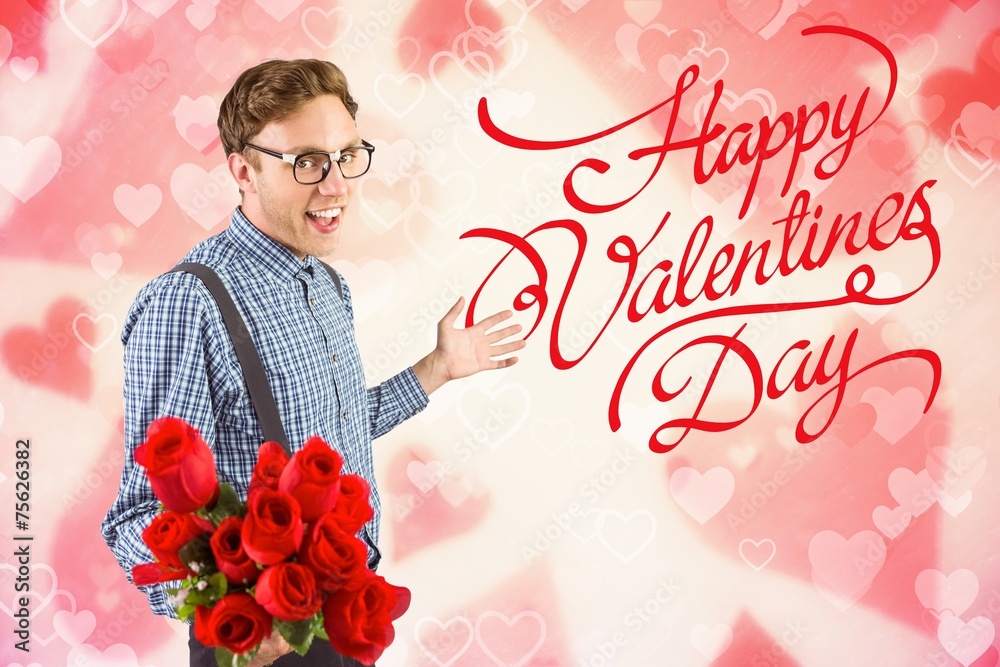 Poster composite image of geeky hipster holding a bunch of roses