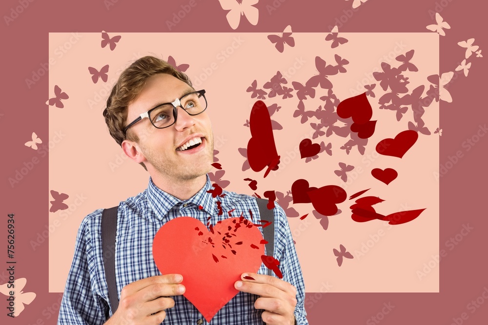 Poster composite image of geeky hipster holding a heart card