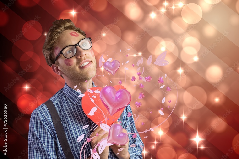 Poster composite image of geeky hipster covered in kisses