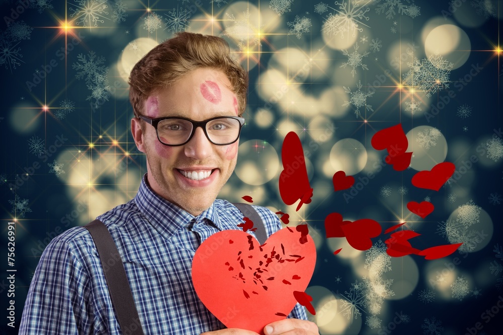 Poster composite image of geeky hipster covered in kisses