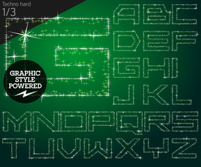 Vector christmas font characters of a shining stars. Techno