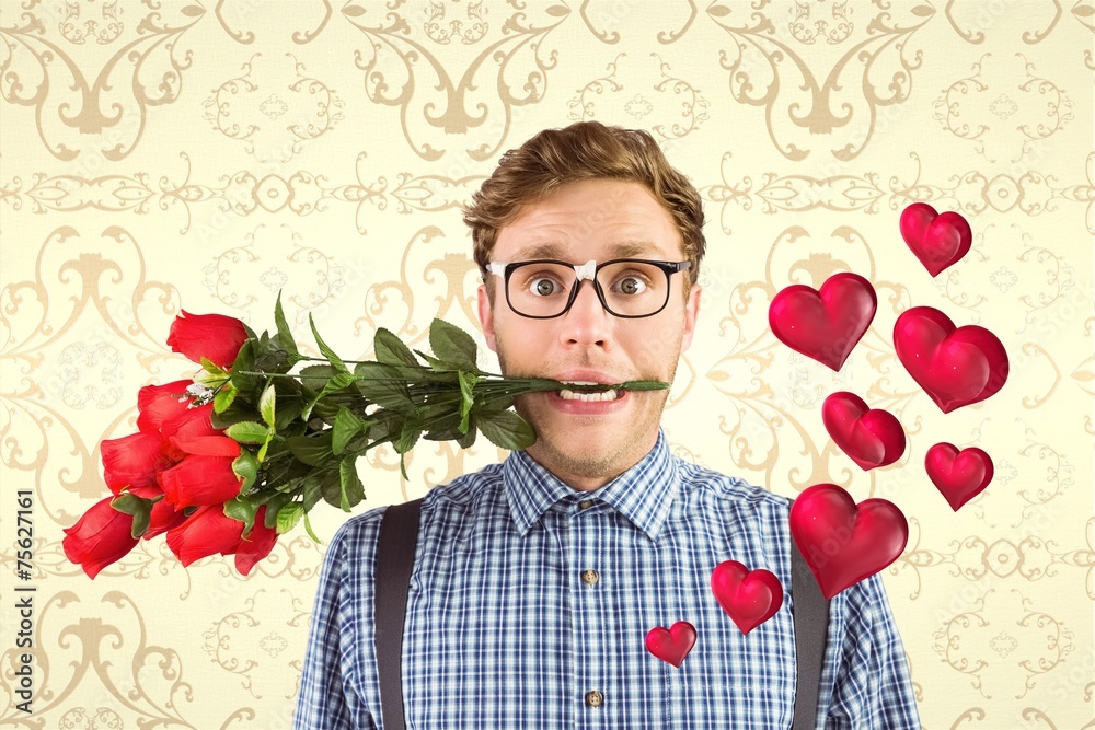 Poster composite image of geeky hipster biting a bunch of roses