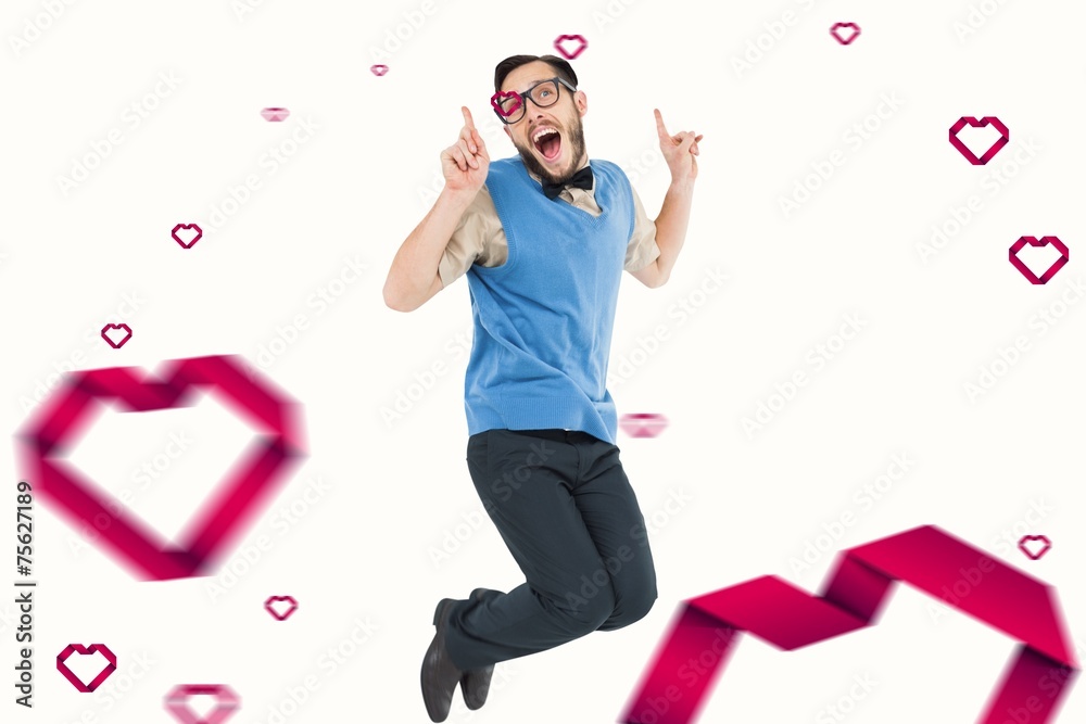 Poster Composite image of geeky hipster jumping and smiling