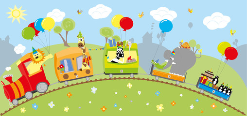 birthday train with animals and balloons - vectors