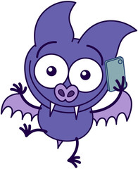 Purple bat talking enthusiastically on a smartphone