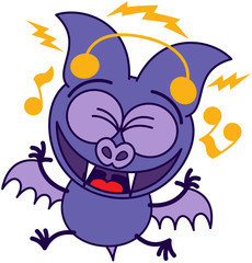 Purple bat with earphones listening to music and dancing
