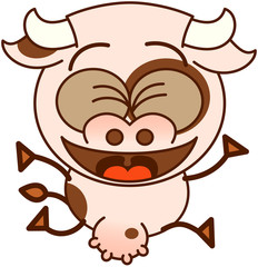 Cute cow jumping and celebrating enthusiastically