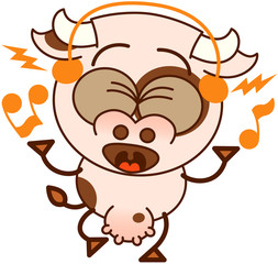 Cute cow with earphones listening to music and singing