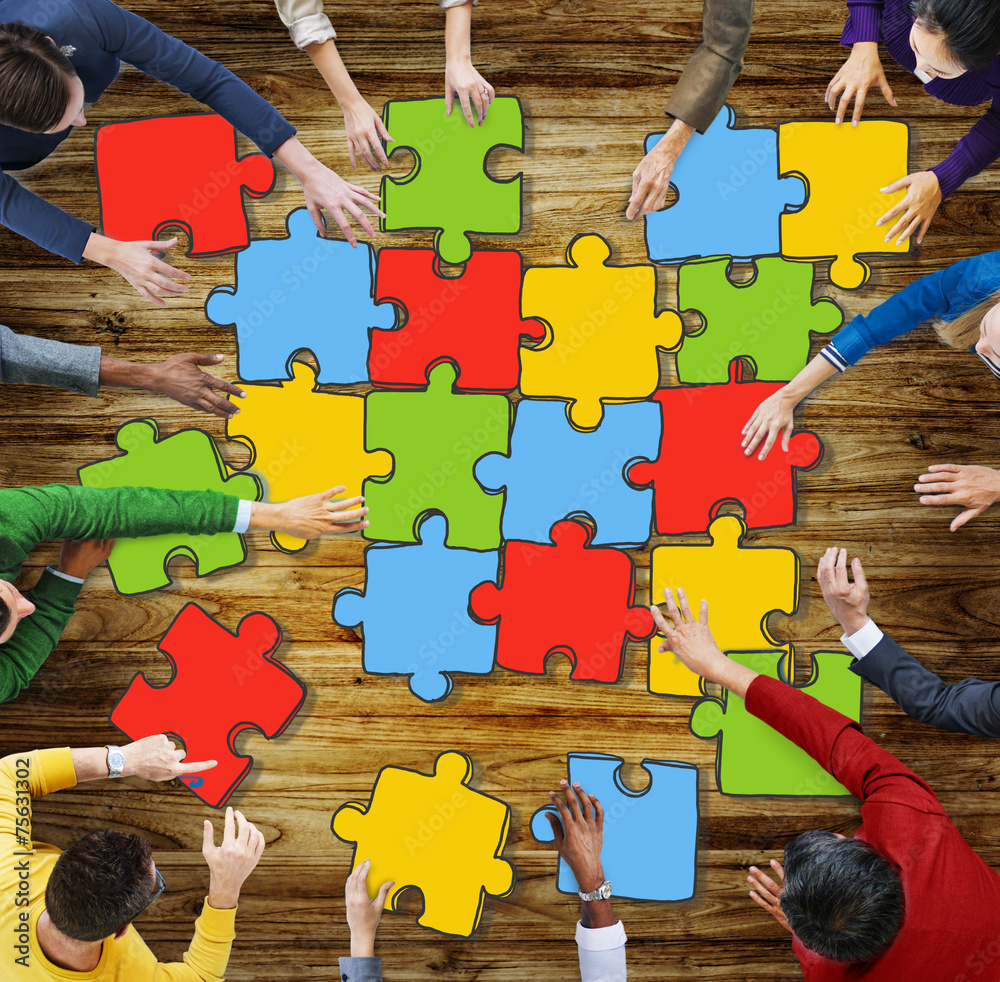 Poster jigsaw puzzle brainstorming business reaching thinking concept - Posters