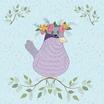 Card with cute bird in ornate wreath