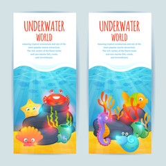 Underwater sea animals vertical banners set