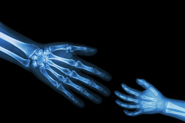 Adult help child. adult stretch out hand for grasp child hand