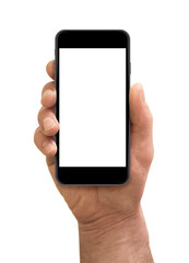Male hand holding the smartphone with blank screen isolated.