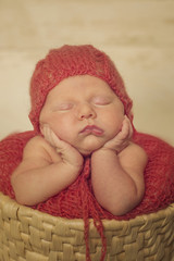 Portrait of Newborn Baby Sleeping on Hands in Basket