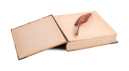 The old open book and feather for records