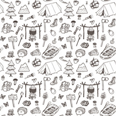 Hand drawn pattern, picnic, travel and camping theme.