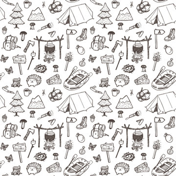 Hand drawn pattern, picnic, travel and camping theme.