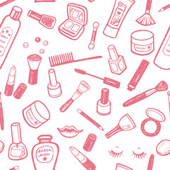 Hand drawn beauty and cosmetics items set.