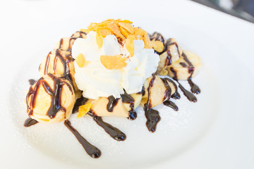 banana crepe cake with chocolate sauce  close-up