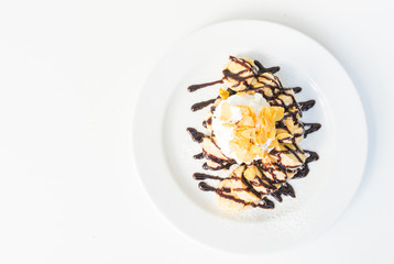banana crepe cake with chocolate sauce