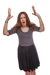 angry woman waving her hands isolated white background