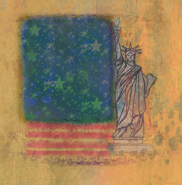 Grunge illustration of the american flag with the Statue of Libe