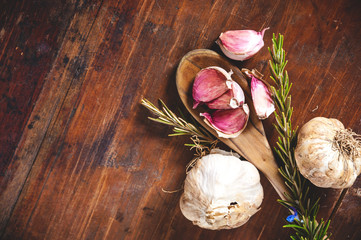 Garlic on a rustic wooden table