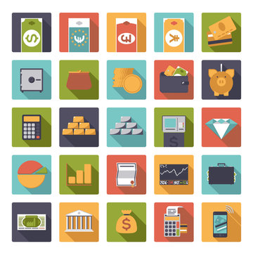 money and finance icons set, rounded squares, flat design
