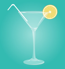 Empty glass for martini with lemon and plastic tube on blue back