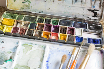 Watercolor box and brushes