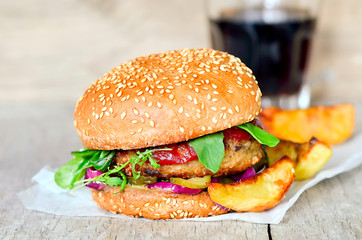Burger with homemade fries