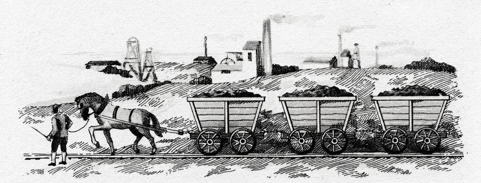 Horse-drawn railway for transporting coal (England, ca. 1800)