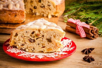 Stollen cake on a wooden table