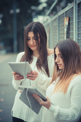 young couple beautiful women girls autumn using tablet