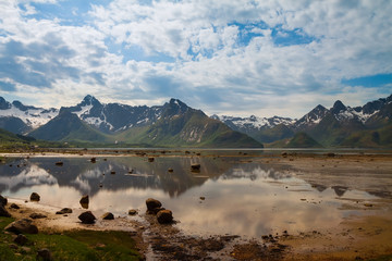 scenic view of fjord and snow mountains, Norway, Lofoten