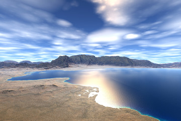 Fototapeta na wymiar 3D rendered fantasy alien planet. Rocks and lake