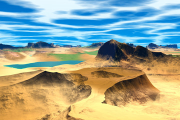 3D rendered fantasy alien planet. Rocks and lake